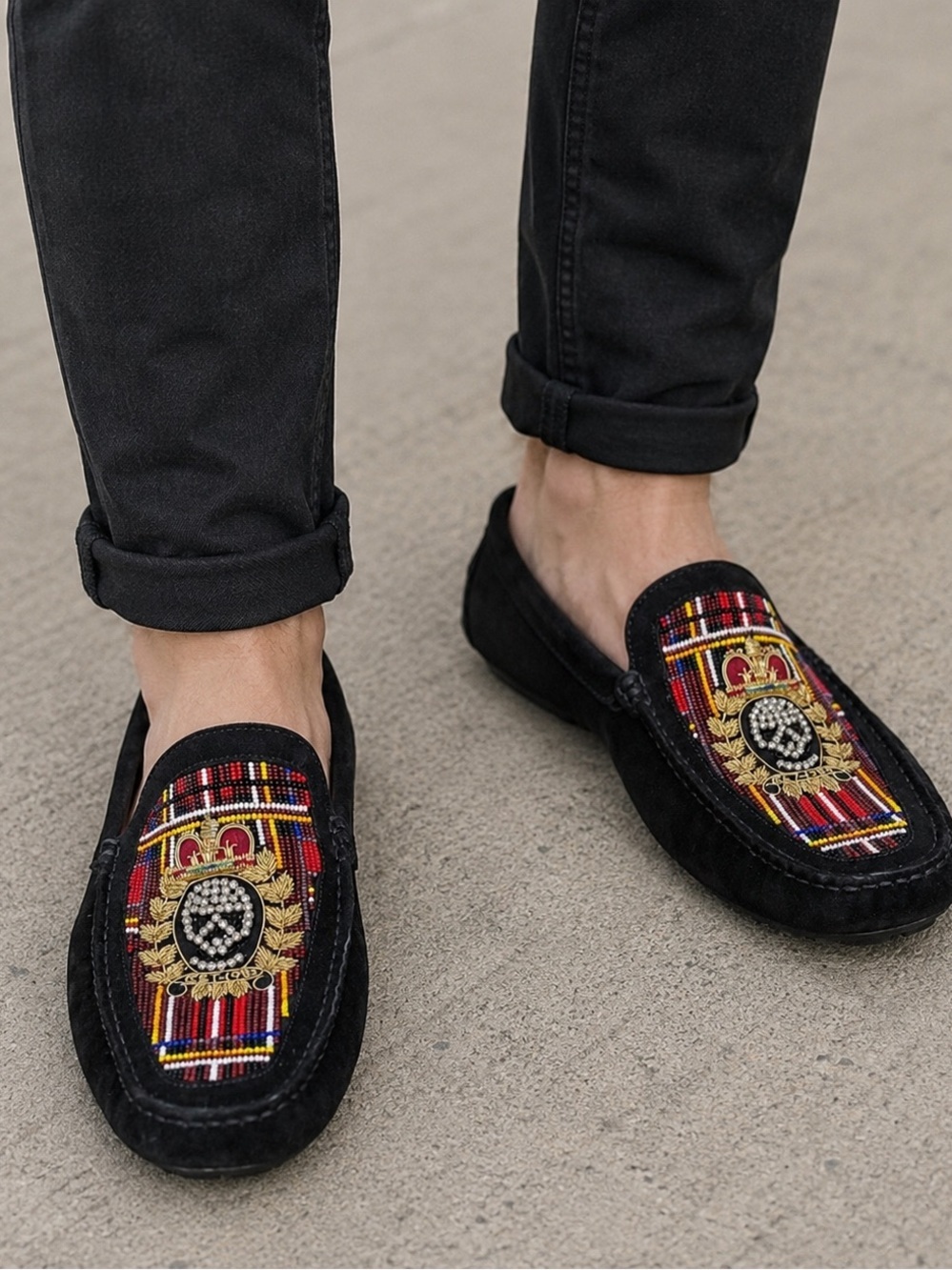 Donald J Pliner Men Size 10 Multi-Color Beaded Skull Royal Crest Leather Loafers